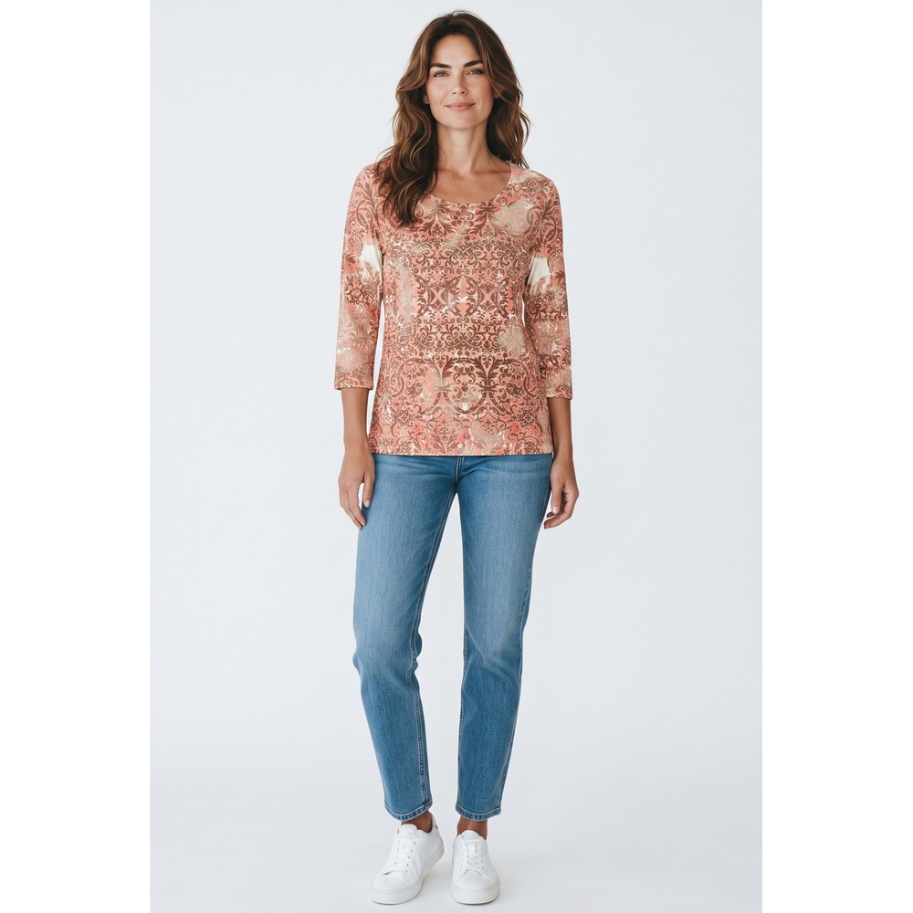 Chicos Womens Size 1 Medium Coral Tan Damask Scroll Print 3/4 Sleeve Blouse